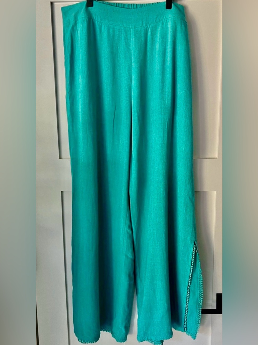 Soft Surroundings Turquoise Linen Blend Wide Leg Pants L Pull-On Elastic Waist